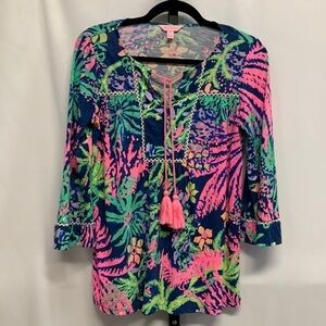 Lilly Pulitzer Tilda Tunic Cotton Top in Blue Floral “Indigo All a Glow” Size XS